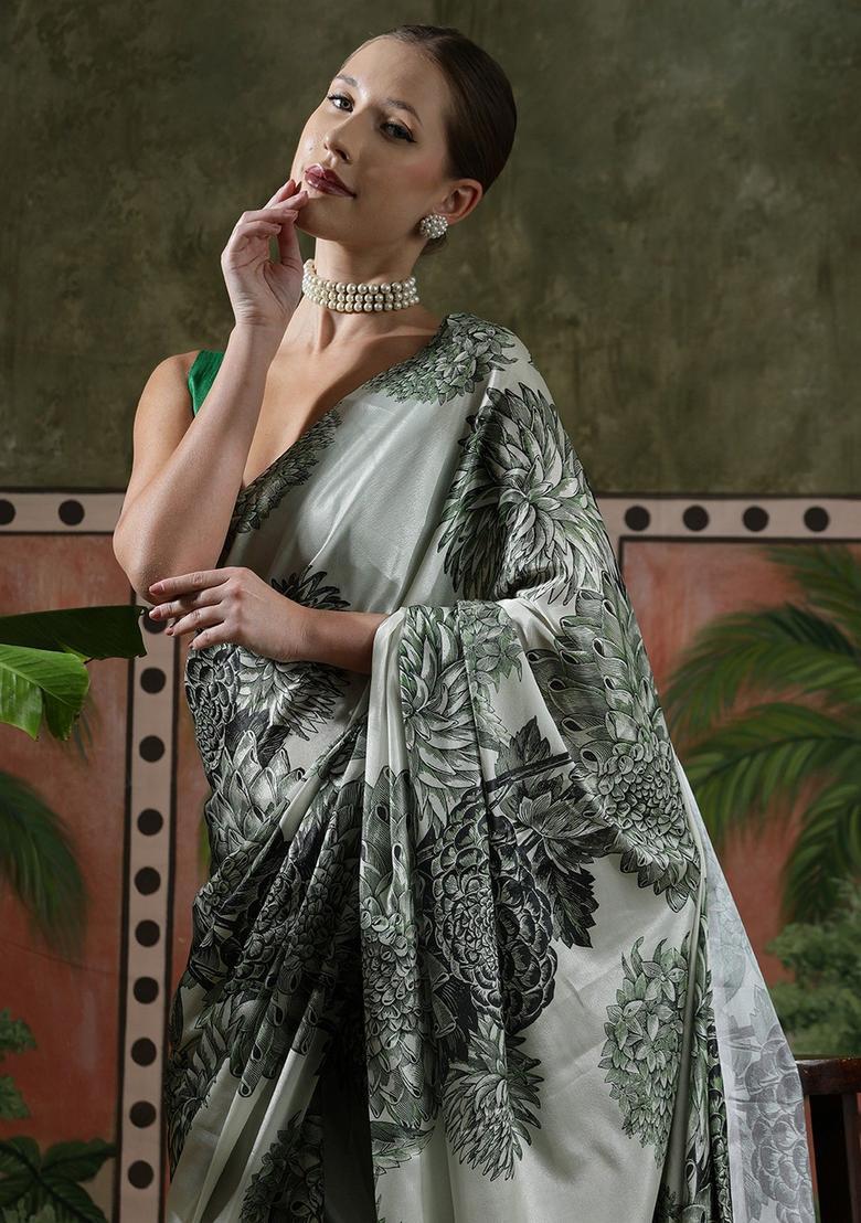 Grey Floral Print Chinon Saree Set - Indya