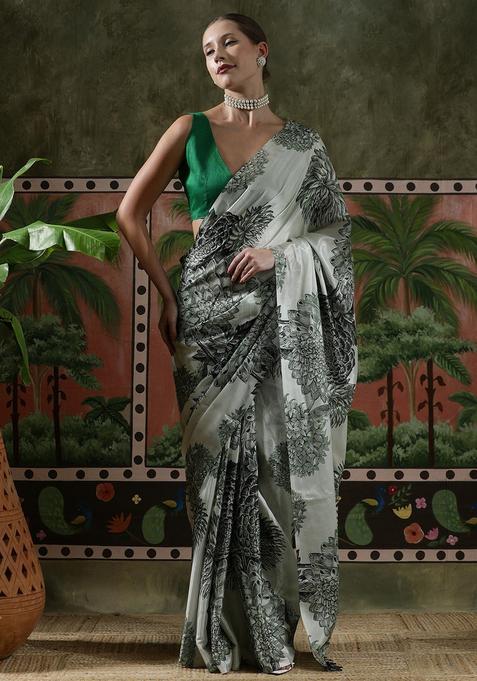 Grey Floral Print Chinon Saree Set