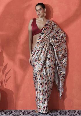 Multicolor Floral Print Polyester Saree Set
