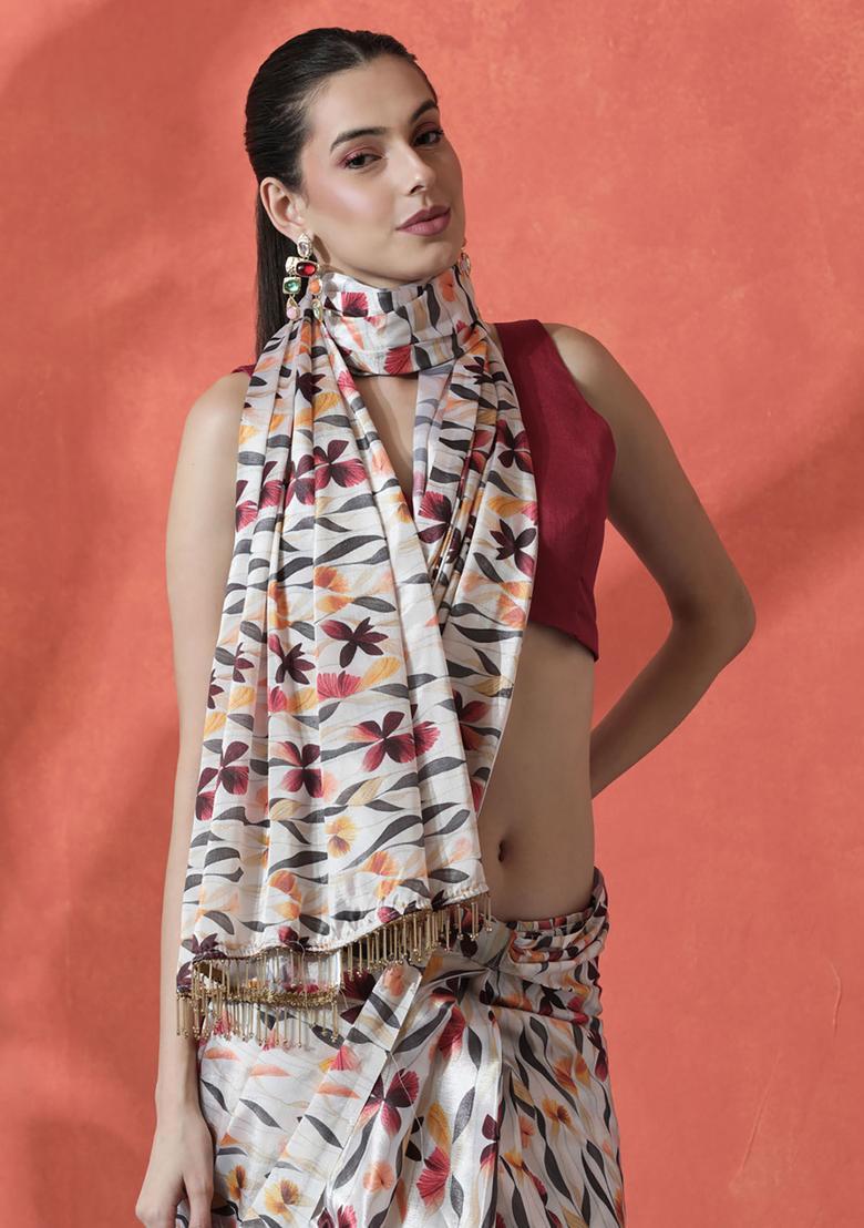 Multicolor Floral Print Polyester Saree Set - Indya