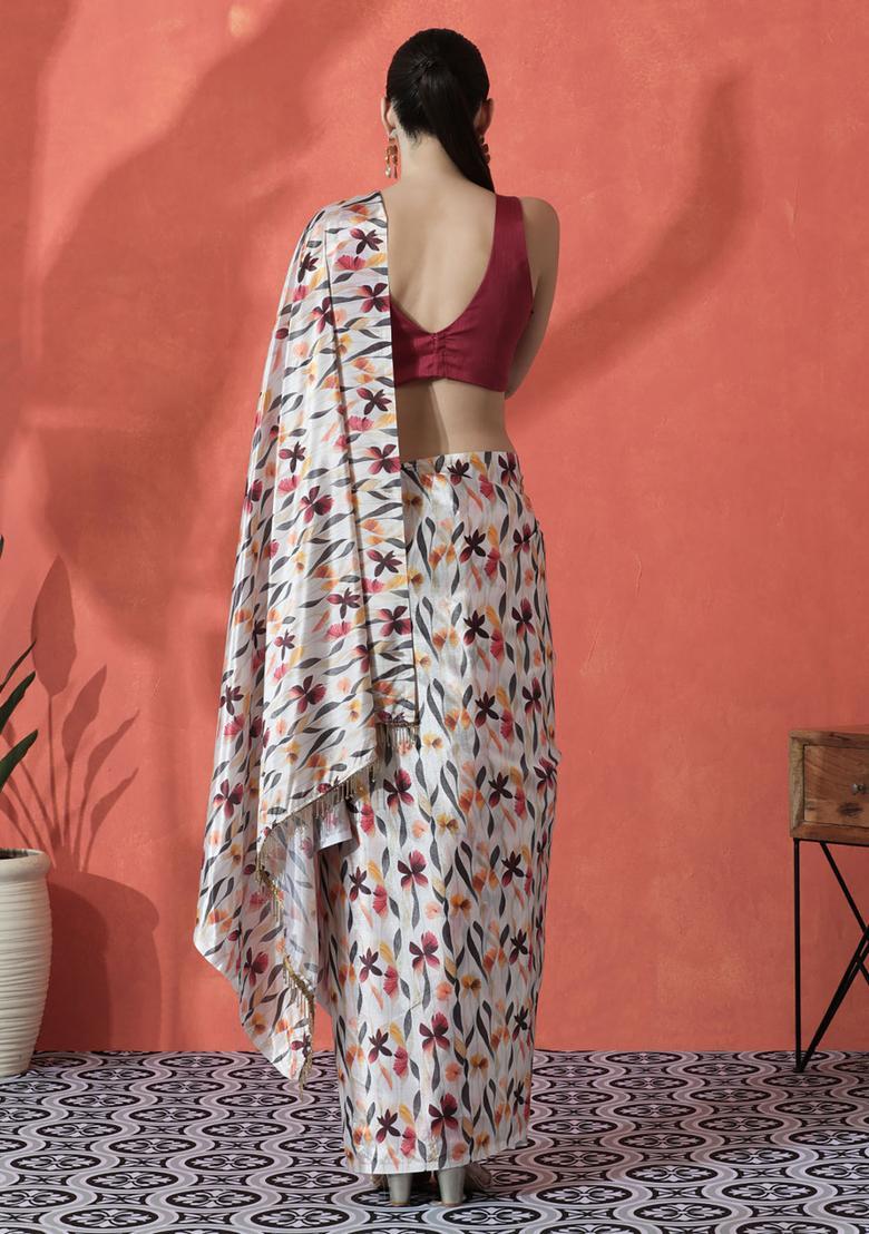 Multicolor Floral Print Polyester Saree Set - Indya