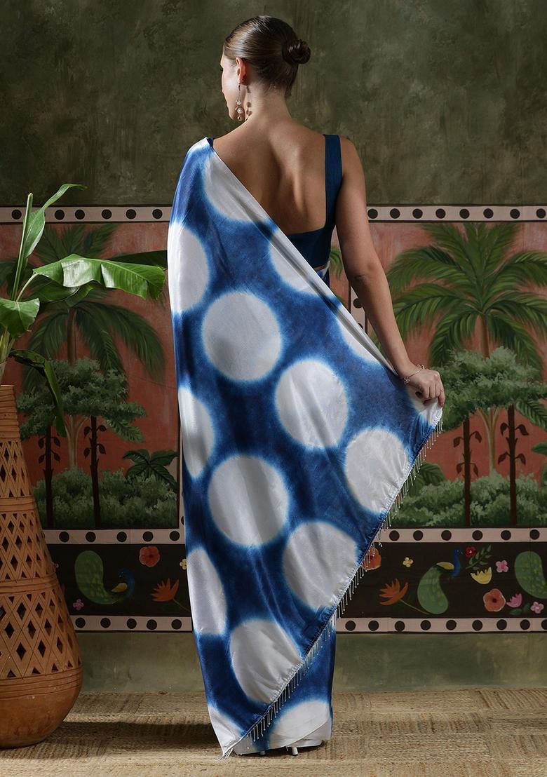 White Geometric Print Chinon Saree Set - Indya