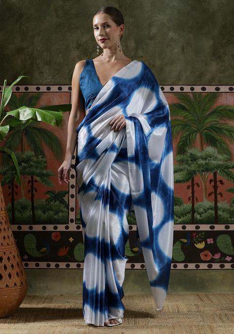 White Geometric Print Chinon Saree Set