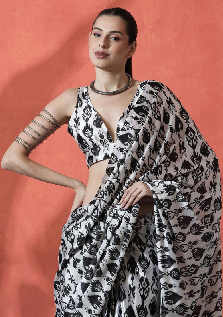 Black Printed Polyester Saree Set - Indya