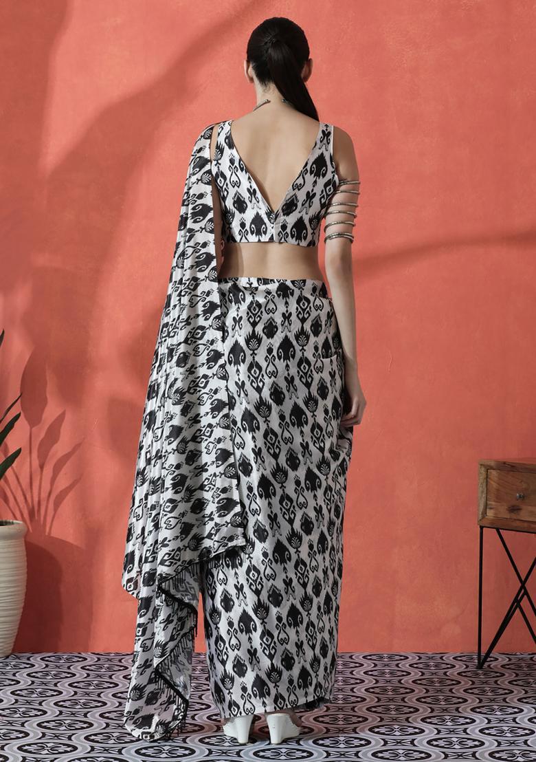 Black Printed Polyester Saree Set - Indya
