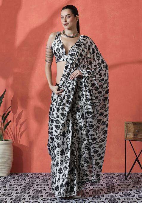 Black Printed Polyester Saree Set
