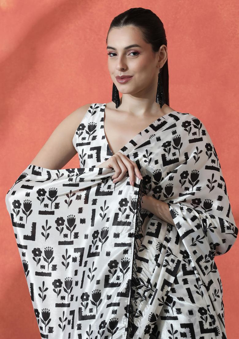 White Floral Print Polyester Saree Set - Indya