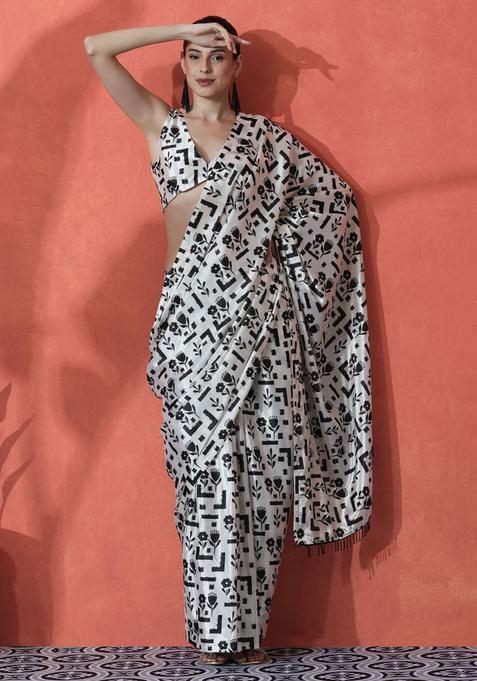 White Floral Print Polyester Saree Set