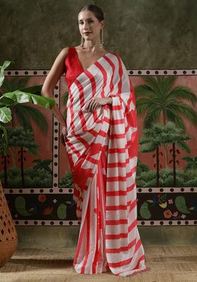 Red Stripes Chinon Saree Set
