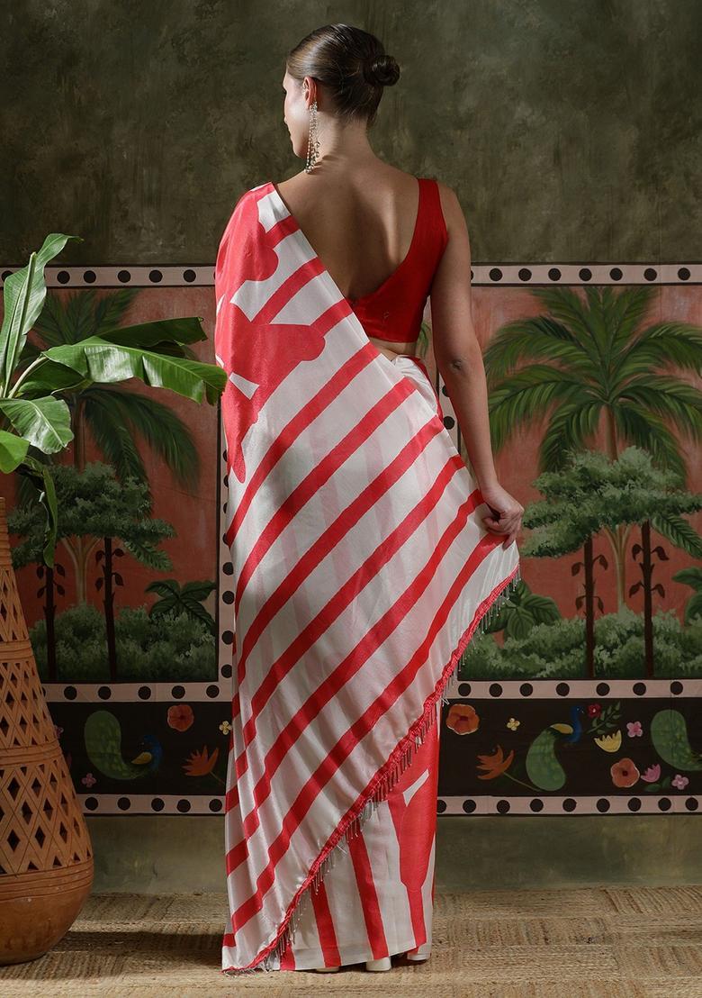 Red Stripes Chinon Saree Set - Indya
