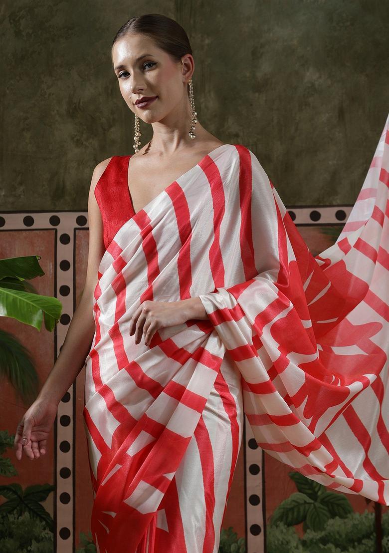 Red Stripes Chinon Saree Set - Indya