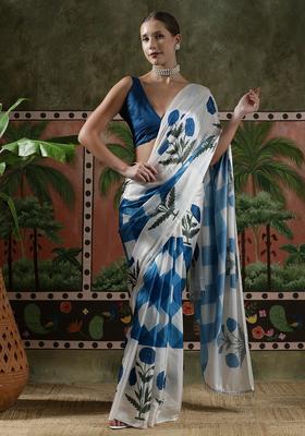 White Floral Print Chinon Saree Set