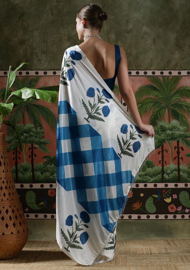 White Floral Print Chinon Saree Set - Indya