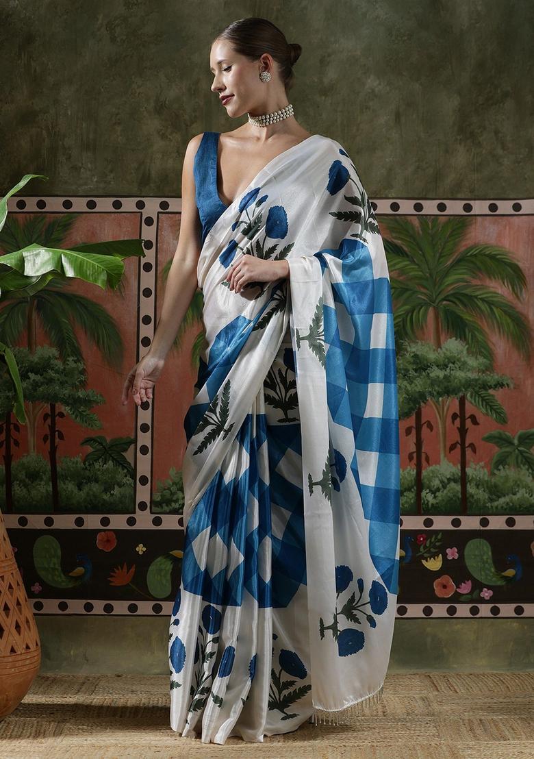 White Floral Print Chinon Saree Set - Indya