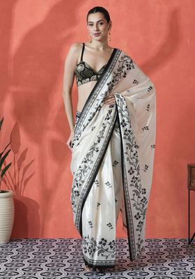 Off White Floral Print Polyester Saree Set