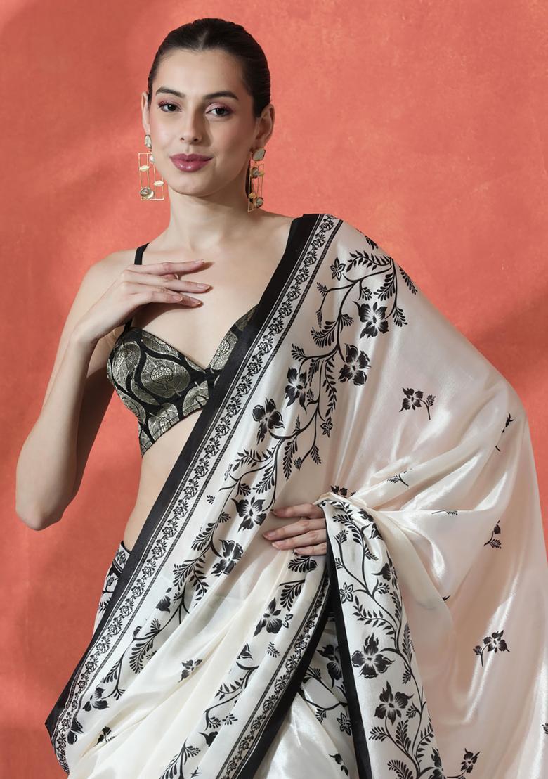Off White Floral Print Polyester Saree Set - Indya