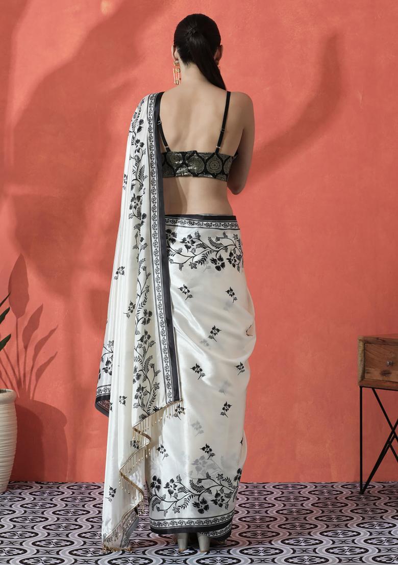 Off White Floral Print Polyester Saree Set - Indya