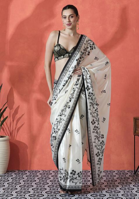 Off White Floral Print Polyester Saree Set