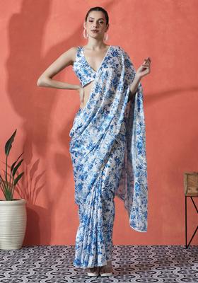Blue Floral Print Polyester Saree Set