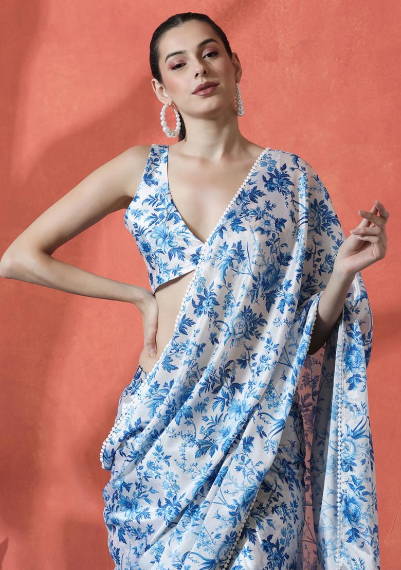 Blue Floral Print Polyester Saree Set - Indya