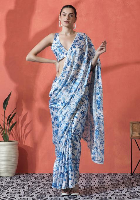 Blue Floral Print Polyester Saree Set