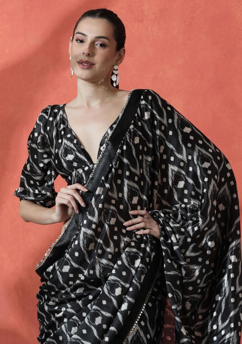 Black Printed Polyester Saree Set - Indya