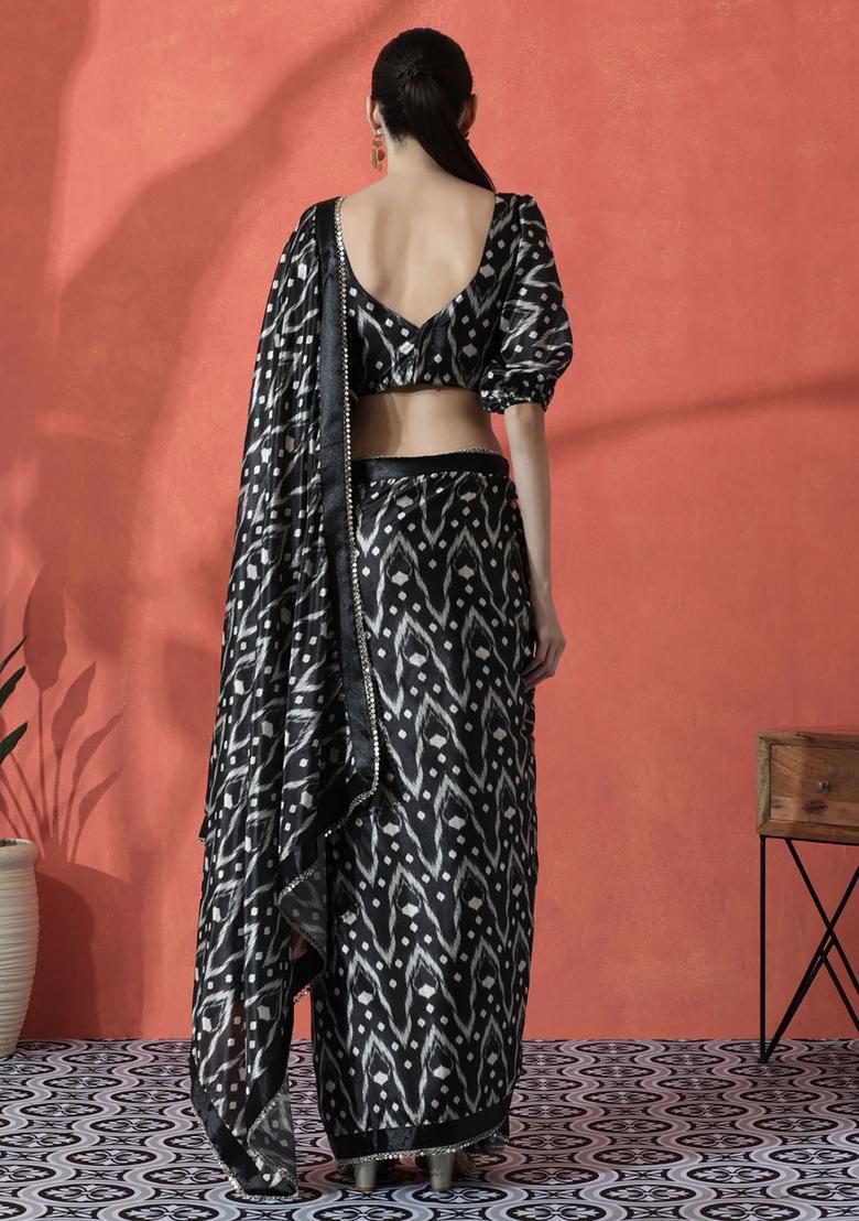 Black Printed Polyester Saree Set - Indya