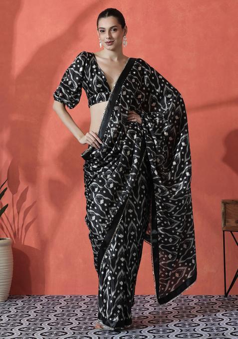 Black Printed Polyester Saree Set