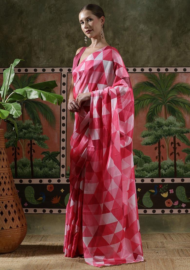 Pink Geometric Print Chinon Saree Set - Indya