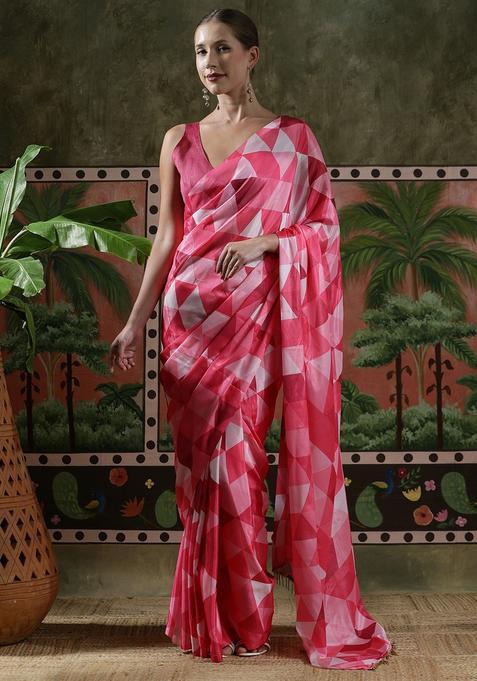 Pink Geometric Print Chinon Saree Set