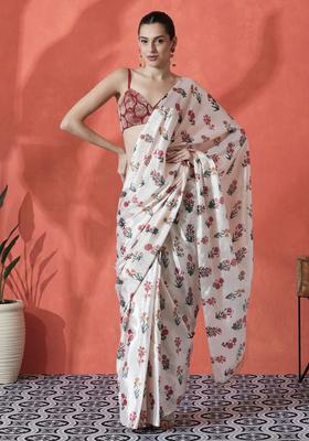 Off White Floral Print Polyester Saree Set