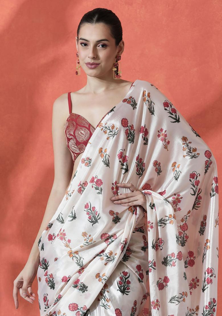 Off White Floral Print Polyester Saree Set - Indya
