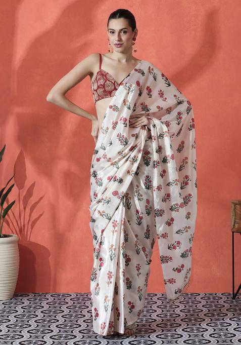 Off White Floral Print Polyester Saree Set
