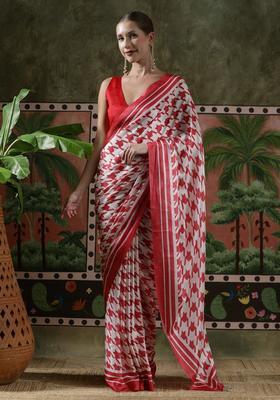 Red Geometric Print Chinon Saree Set