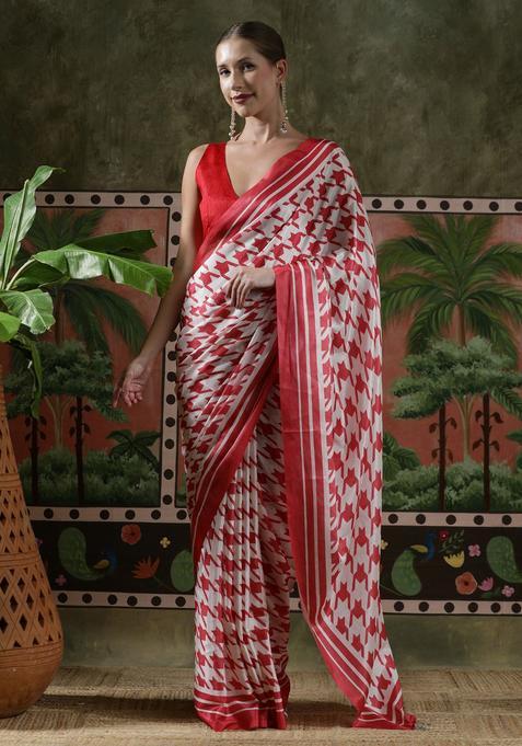 Red Geometric Print Chinon Saree Set
