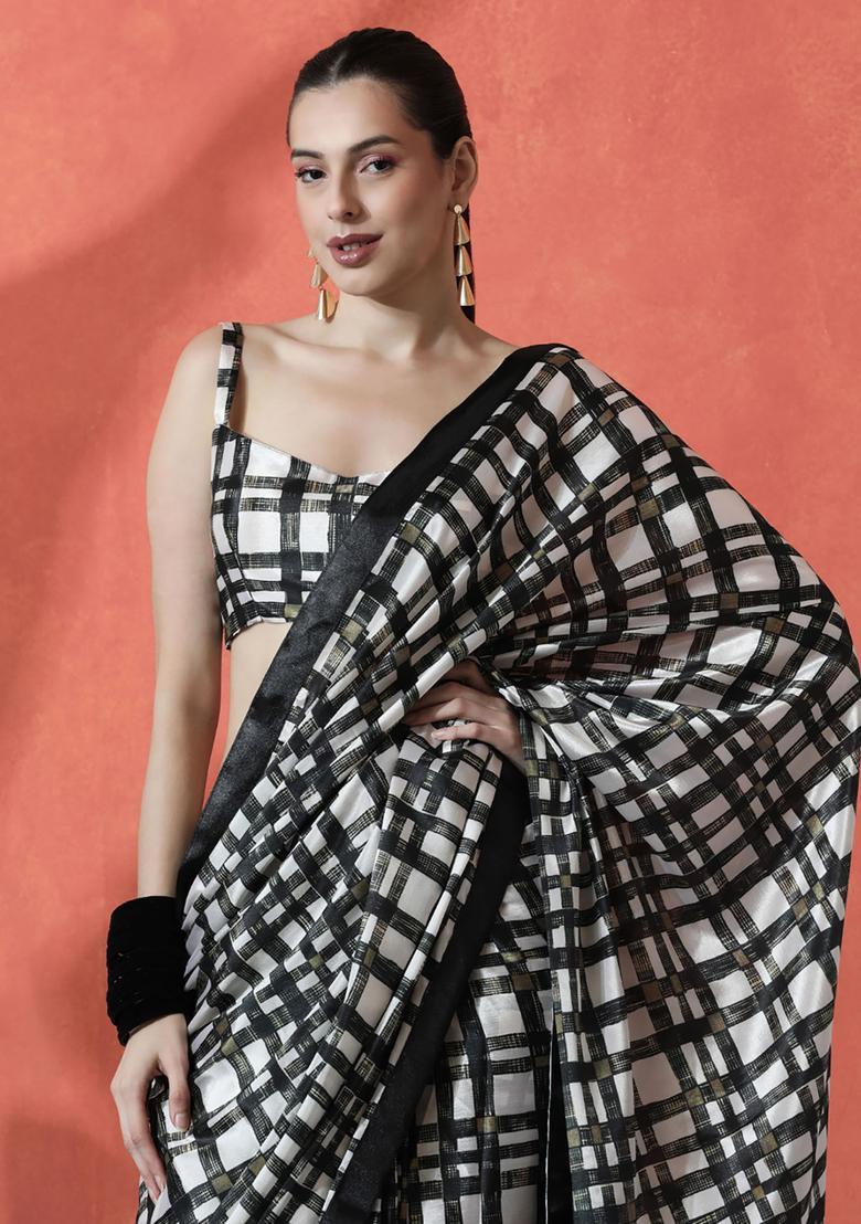 Black Checked Polyester Saree Set - Indya