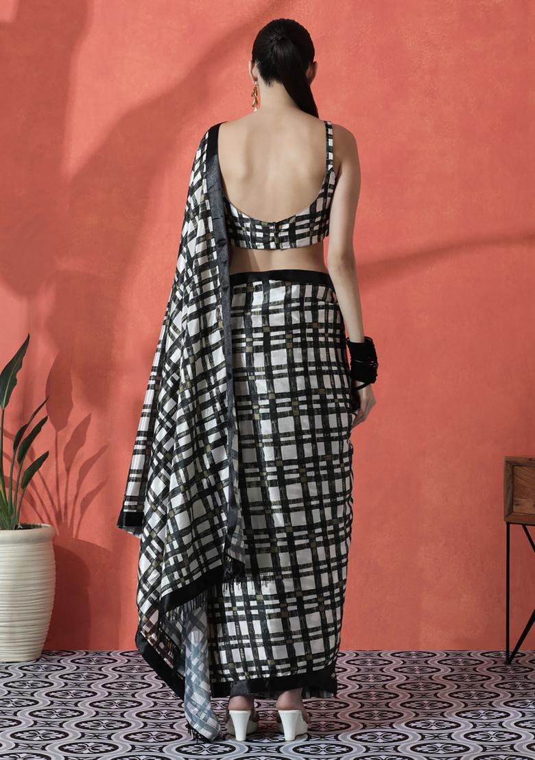 Black Checked Polyester Saree Set - Indya