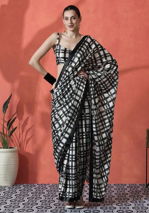 Black Checked Polyester Saree Set