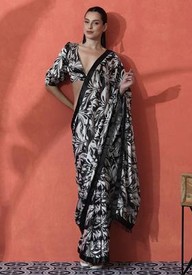 Black Printed Polyester Saree Set