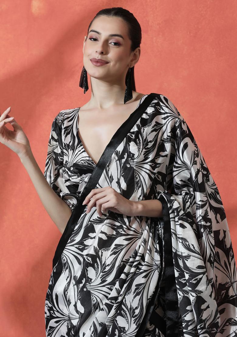 Black Printed Polyester Saree Set - Indya
