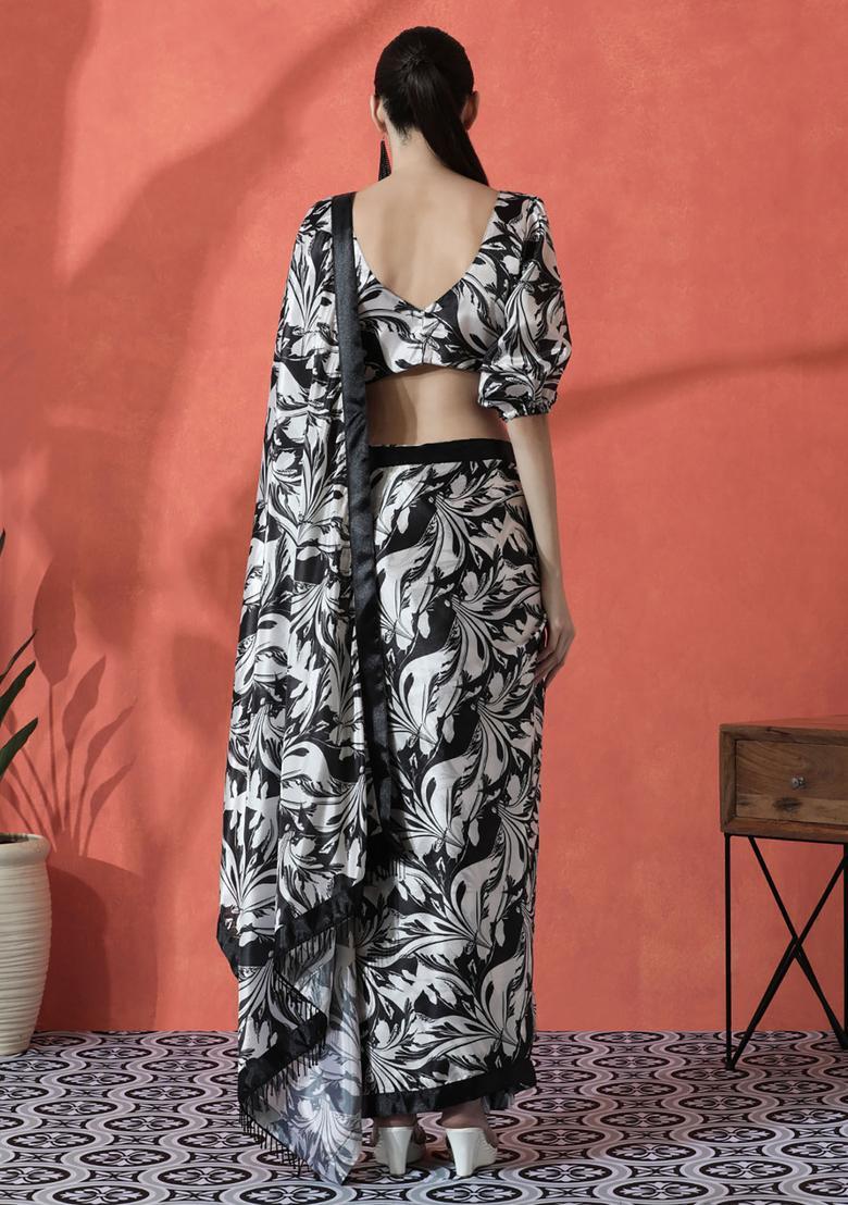Black Printed Polyester Saree Set - Indya