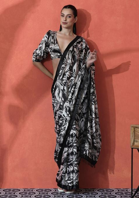 Black Printed Polyester Saree Set