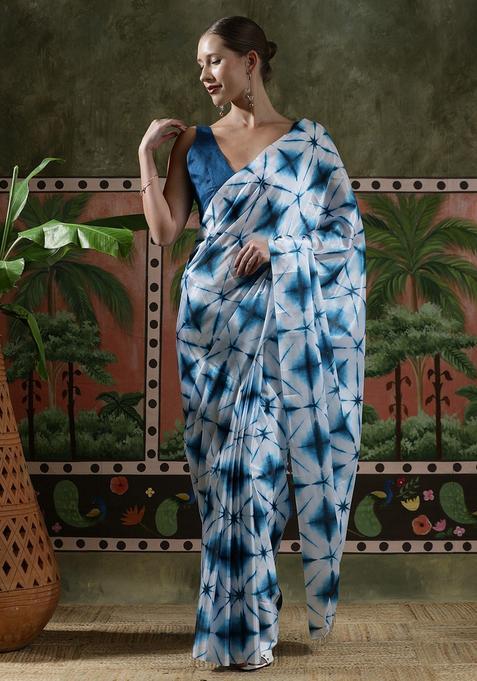 White Geometric Print Chinon Saree Set