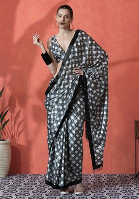 Grey Printed Polyester Saree Set