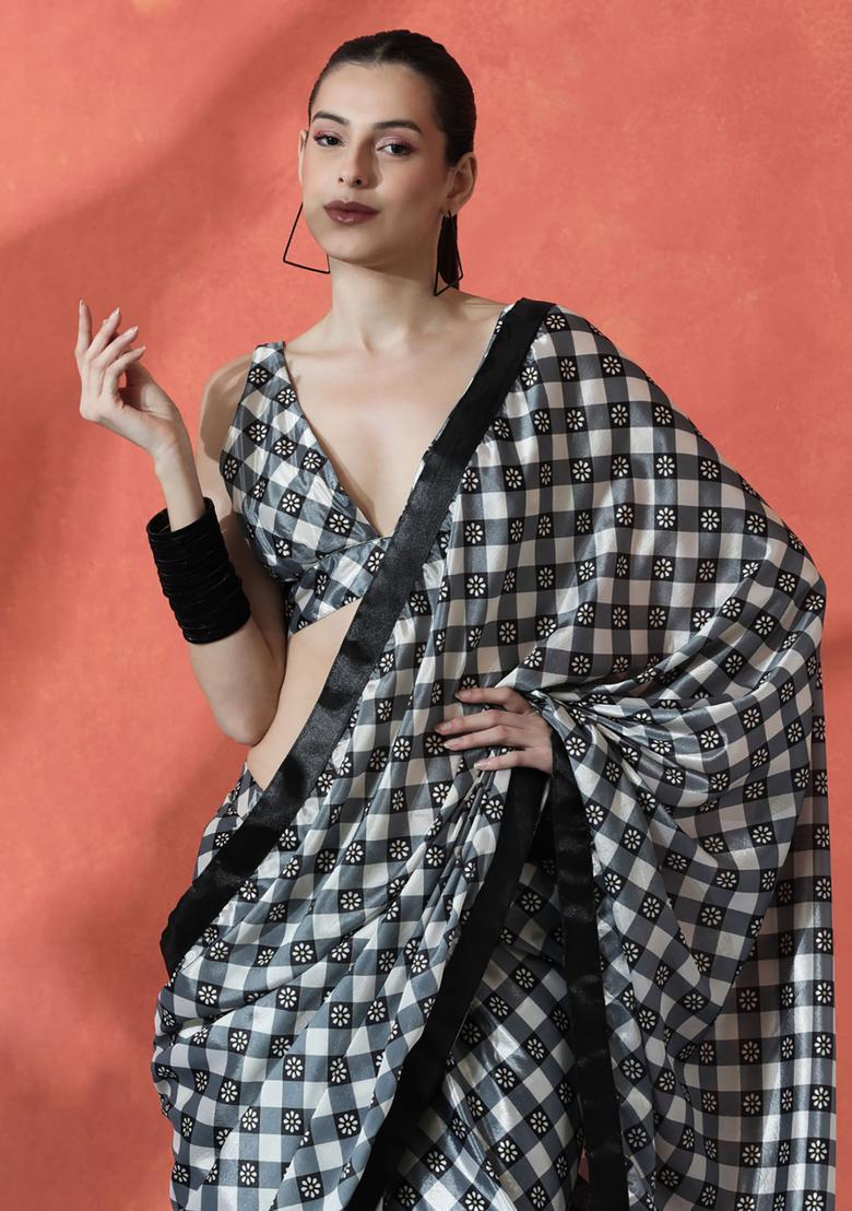 Grey Printed Polyester Saree Set - Indya