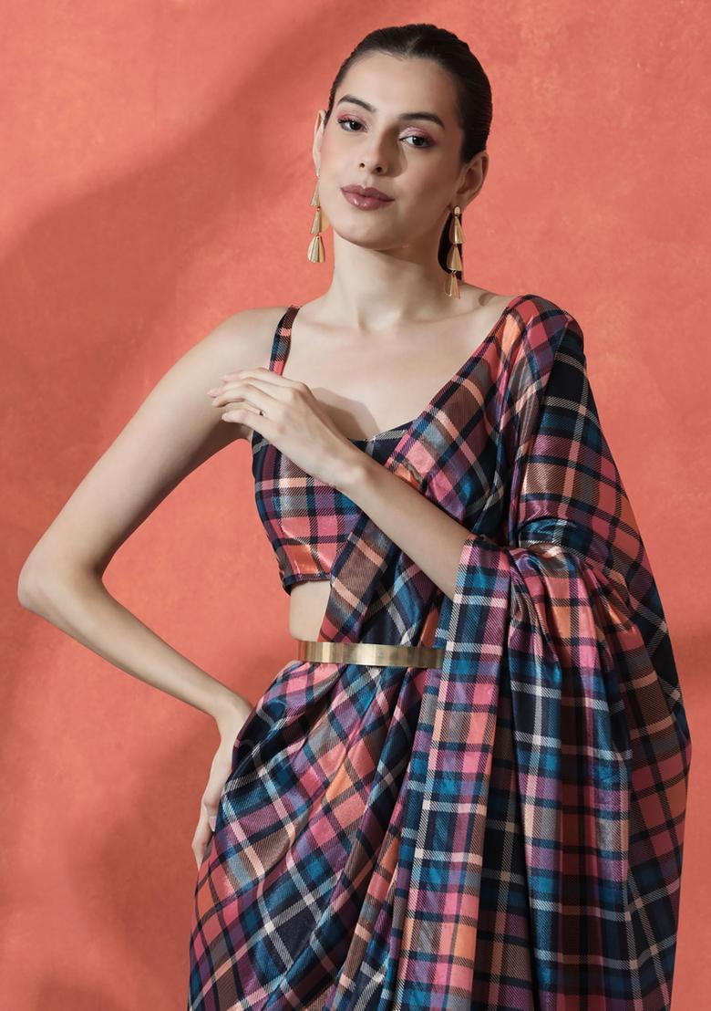 Multicolor Checked Polyester Saree Set - Indya