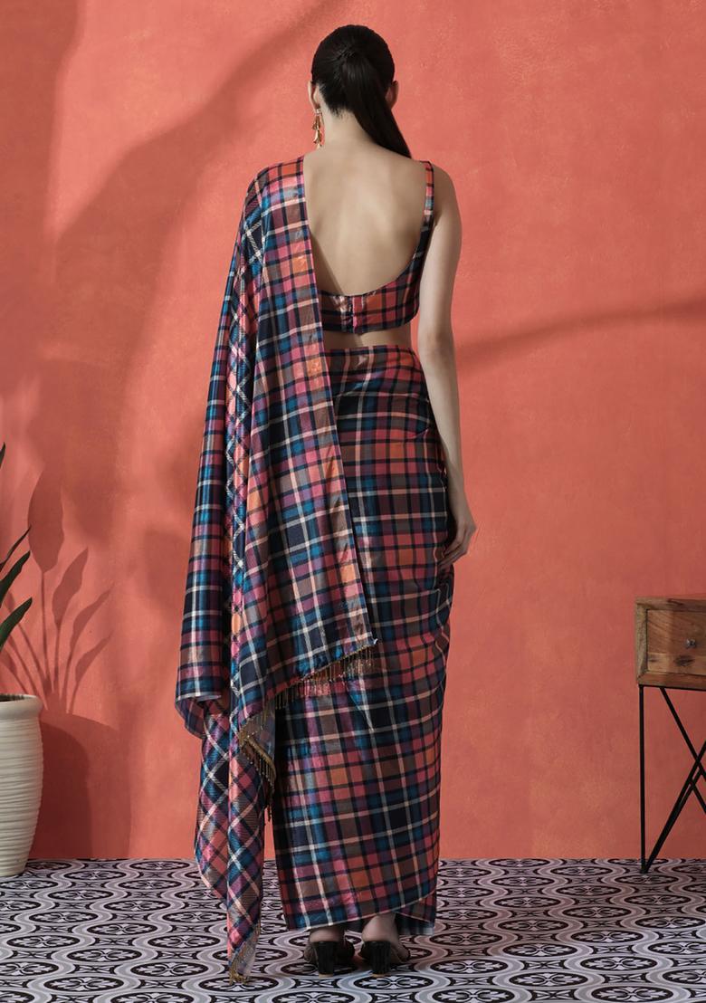 Multicolor Checked Polyester Saree Set - Indya