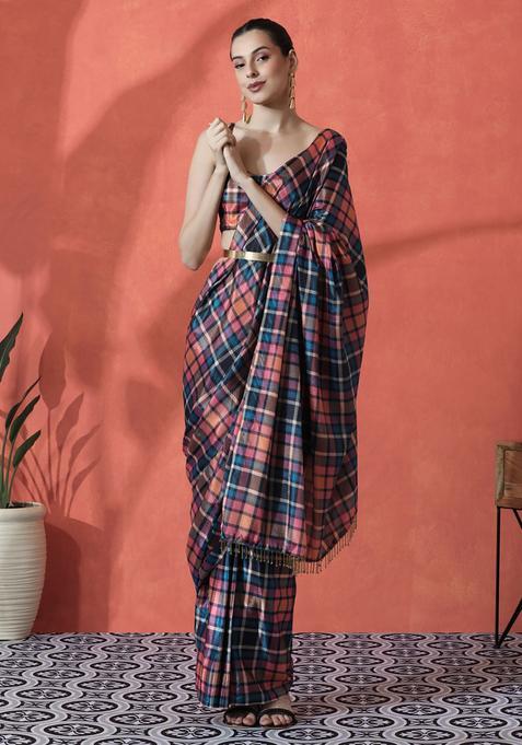 Multicolor Checked Polyester Saree Set