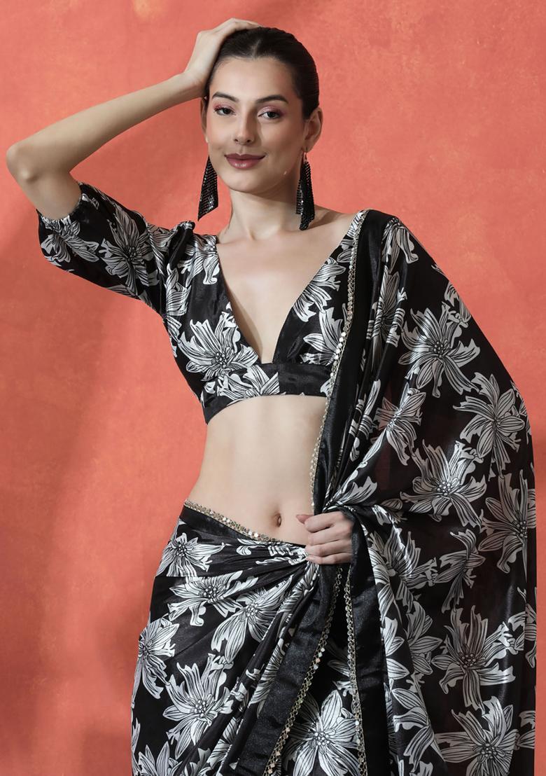 Black Floral Print Polyester Saree Set - Indya