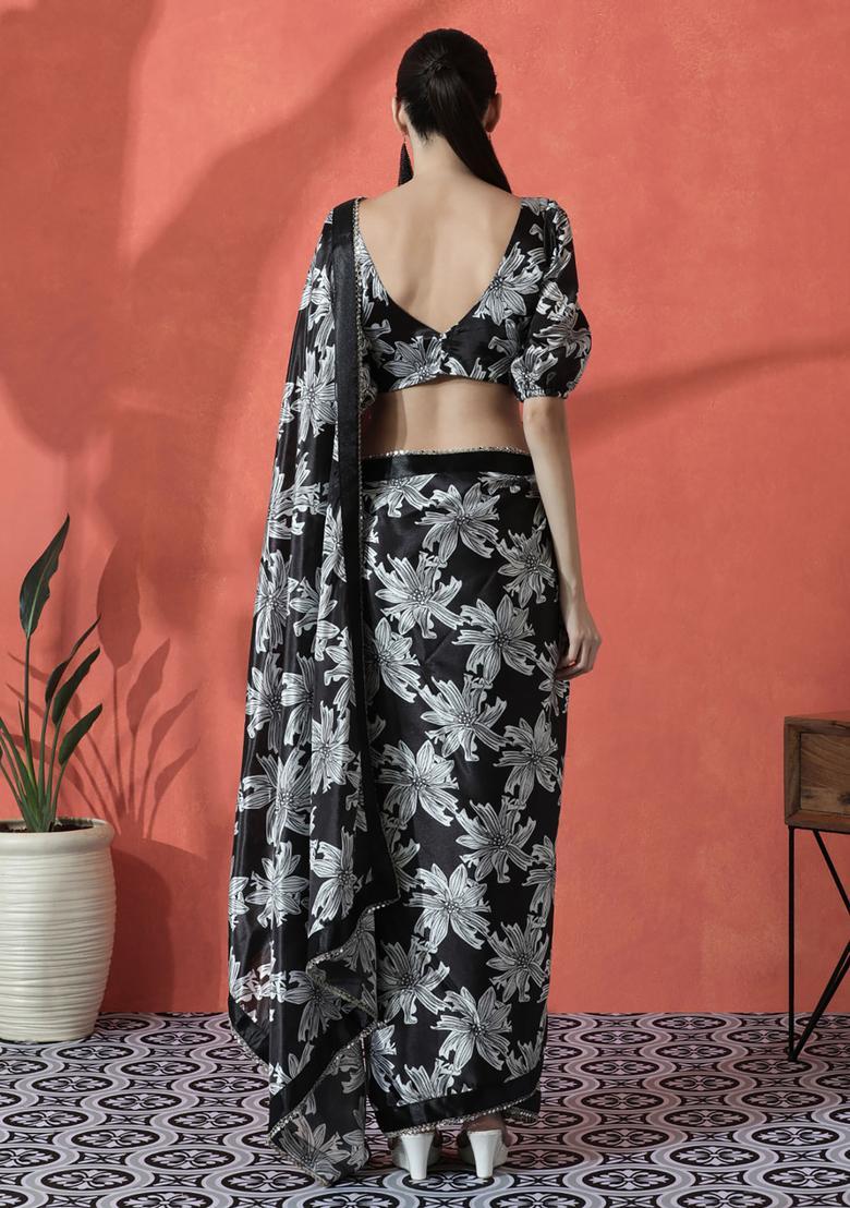 Black Floral Print Polyester Saree Set - Indya